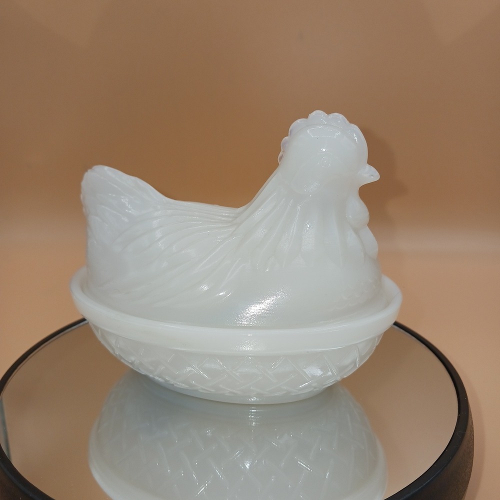 Hazel Atlas Milk Glass Hen on Nest 4.5" Vintage White Chicken Covered Dish Small